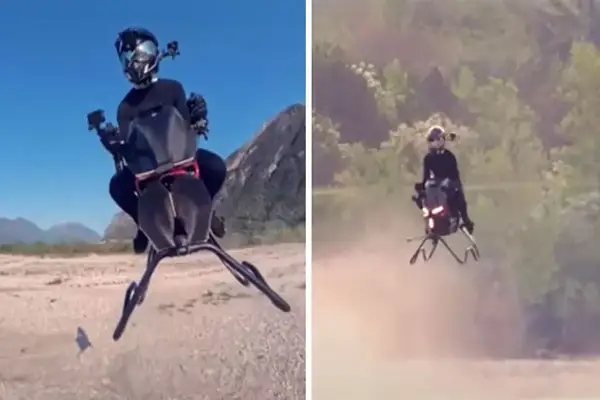 موتور سیکلت پرنده Volonaut Airbike در حال پرواز بر فراز جنگل؛ تحقق رویای اسپیدر بایک جنگ ستارگان | های ورت.