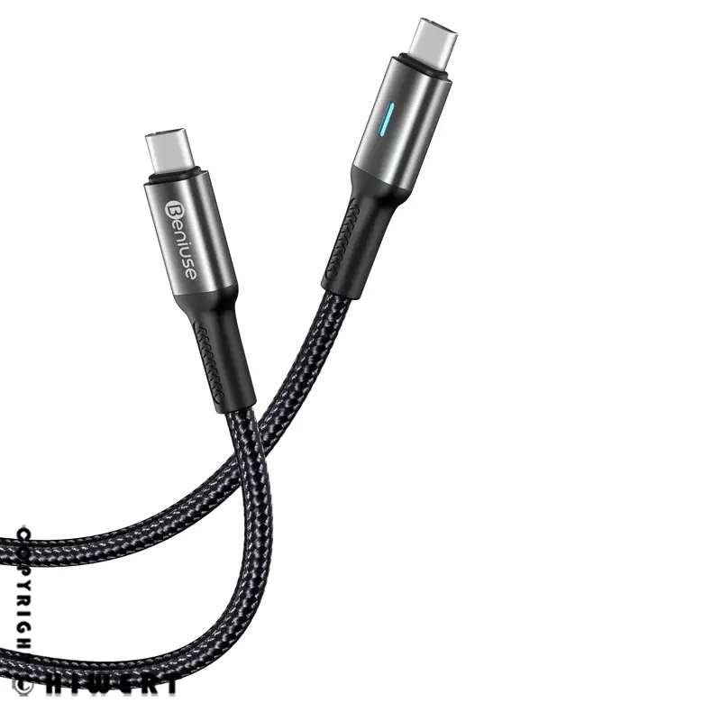 کابل USB-C بنیوس BE-CA02 در حال شارژ سریع ۶۰W لپتاپ و انتقال داده به گوشی، طول ۱ متر، کیفیت بالا از های‌ ورت