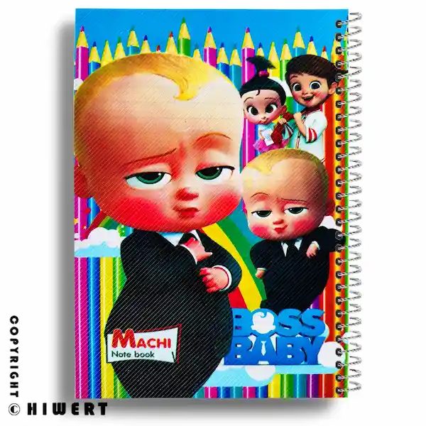 نمای کلی دفتر 50 برگ فنری طرح بچه رئیس با جلد باکیفیت و براق در های ورت