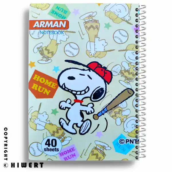 خرید دفتر مشق حاشیه‌ دار آرمان طرح اسنوپی (Snoopy). دفتر ۴۰ برگ سیمی با برگه‌ های طرح‌ دار و رنگی متنوع در هر صفحه.