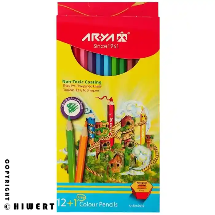 مداد رنگی ۱+۱۲ رنگ آریا مدل ۳۰۱۶ با طراحی فانتزی، مغزی ۲.۹ میلی‌ متری ضخیم و ۱ عدد مداد طلایی/نقره‌ ای هدیه.