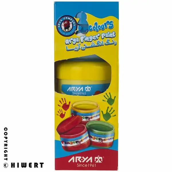 جعبه رنگ انگشتی قابل شستشو ۳ رنگ آریا، شامل رنگ‌ های اصلی آبی، قرمز و زرد، محصولی ایمن و بهداشتی برای کودکان از های ورت.