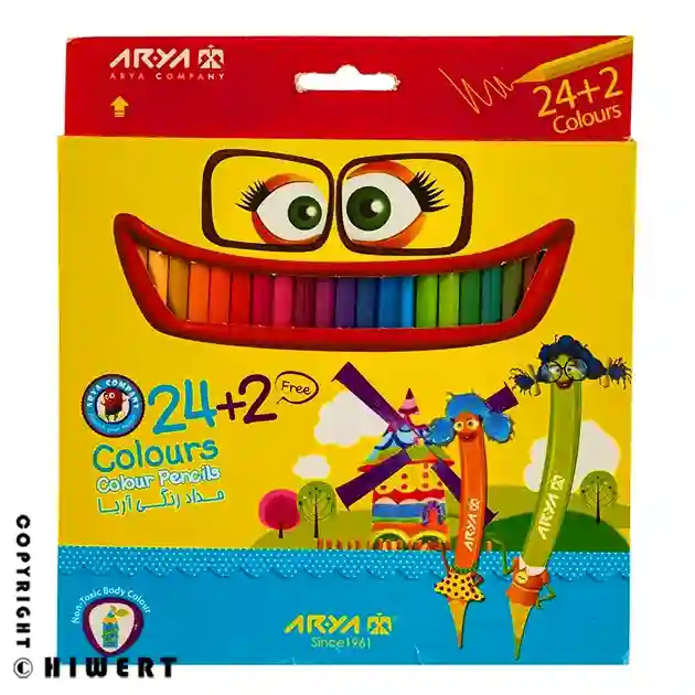 خرید مداد رنگی ۲۴+۲ رنگ آریا مدل ۳۰۱۷ طرح لبخند با مغزی نرم و بدنه غیرسمی ایمن برای کودکان در سایت های ورت