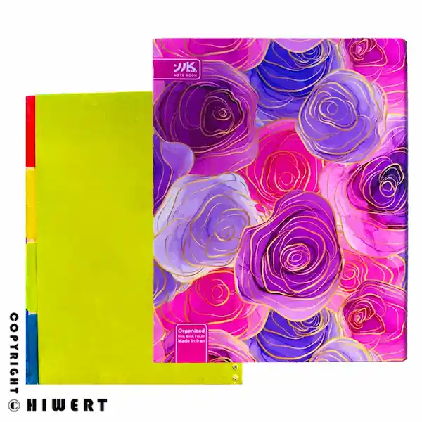 خرید کلاسور ۲۶ حلقه برند کارن (Karen) با طرح سنتی و اسلیمی. دفتر کلاسوری سبک با قفل پلاستیکی مقاوم، جلد سخت، همراه با ۱۰۰ برگ کاغذ و دیوایدر.