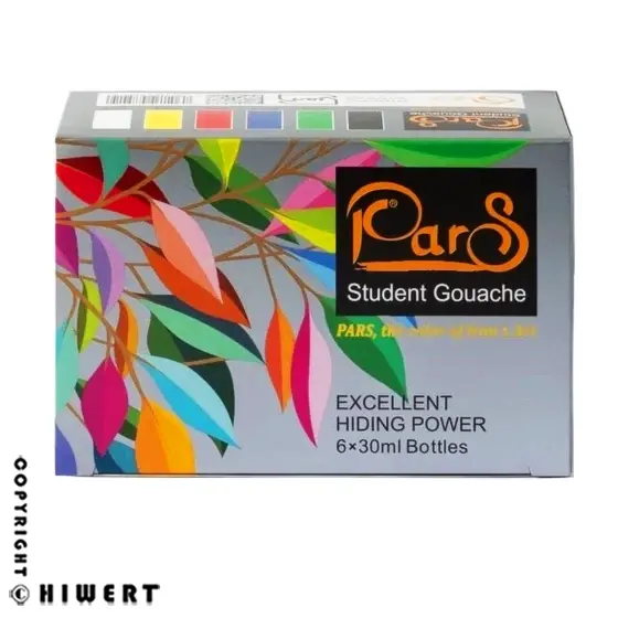 بسته گواش ۶ رنگ پارس مدل رنگ پوستر (Student Gouache)، شامل ۶ قوطی رنگ اصلی برای نقاشی، محصولی استاندارد و باکیفیت.