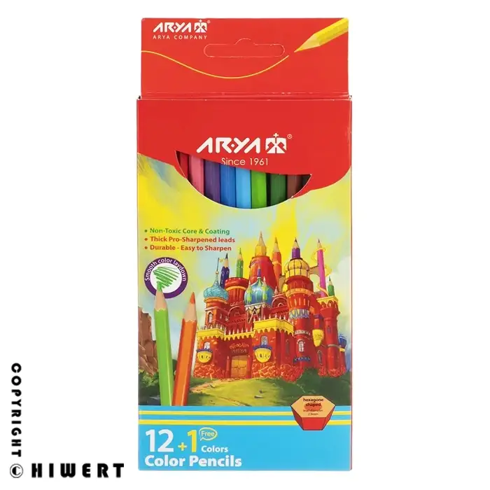 خرید مداد رنگی ۱۲+۱ رنگ آریا مدل قلعه با کیفیت صادراتی. کاملاً غیرسمی و ارگونومیک، دارای رنگ متالیک رایگان