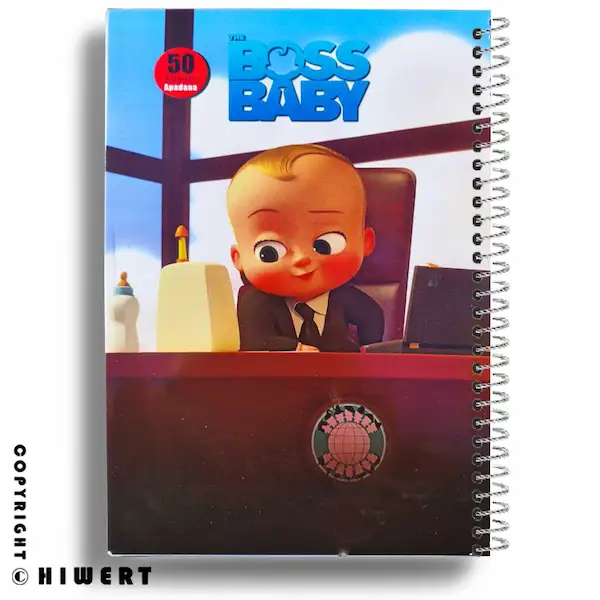 خرید دفتر مشق ۵۰ برگ آپادانا طرح بچه رئیس (Boss Baby). دفتر سیمی با جلد طلقی و محکم، کاغذ سفید باکیفیت و طرح جذاب پسرانه.