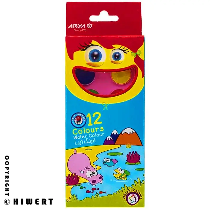 پالت آبرنگ ۱۲ رنگ آریا (کد ۵۰۰۳) با قرص‌ های رنگی غلیظ و باکیفیت، ایده‌ آل برای هنرجویان و دانش‌ آموزان، خرید از های ورت.