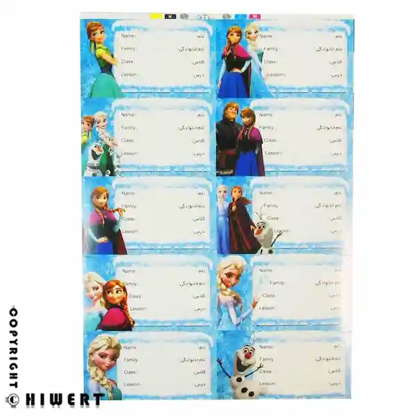 خرید برچسب اسم و کلاس دخترانه طرح آنا و السا از انیمیشن فروزن، بهترین انتخاب برای دفتر و کتاب | های ورت.