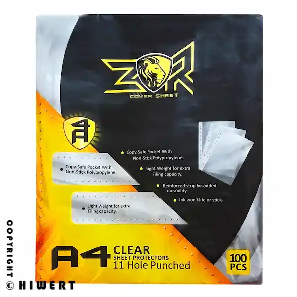 بسته ۱۰۰ عددی کاور کاغذ A4 برند زد آر (ZR)، شیت پروتکتور باکیفیت و شفاف برای محافظت از مدارک، محصولی از های ورت.