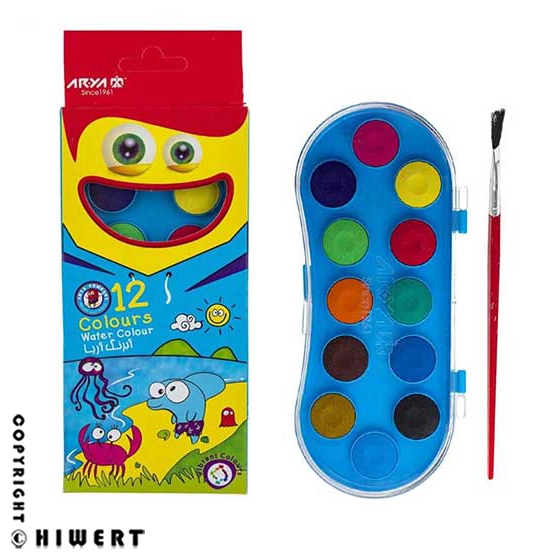 ست کامل آبرنگ ۱۲ رنگ آریا (کد ۵۰۰۳) به همراه قلم‌ موی رایگان، یک پکیج آموزشی عالی برای نقاشی کودکان، محصولی از های ورت.
