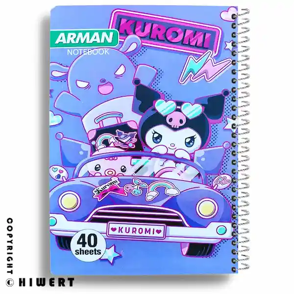 خرید دفتر مشق حاشیه‌ دار آرمان طرح کرومی (Kuromi). دفتر ۴۰ برگ سیمی با برگه‌ های رنگی و طرح‌ های متنوع در هر صفحه.