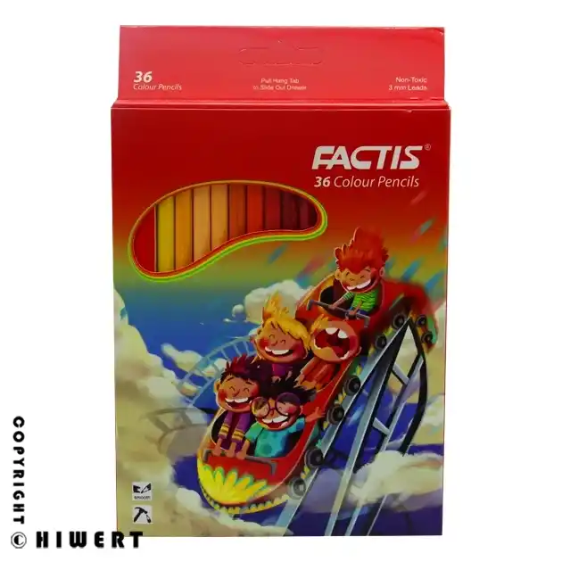 خرید مداد رنگی ۳۶ رنگ فکتیس (Factis) مدل ترن هوایی. مداد شش‌ ضلعی نرم و پررنگ، مقاوم در برابر شکستن و غیر سمی، مناسب کودکان و بزرگسالان