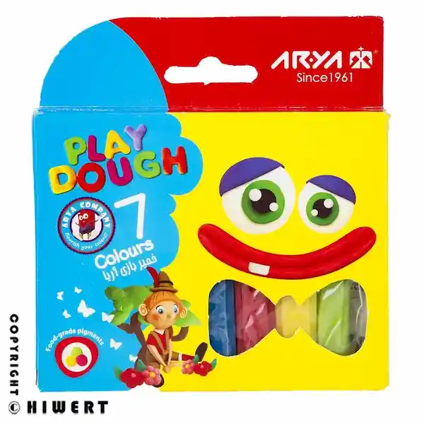 بسته بندی کامل ست خمیر بازی ۷ رنگ آریا (مدل ۱۰۴۷) با ابزار و شابلون، بهترین اسباب بازی خلاقیتی برای کودکان در های ورت.